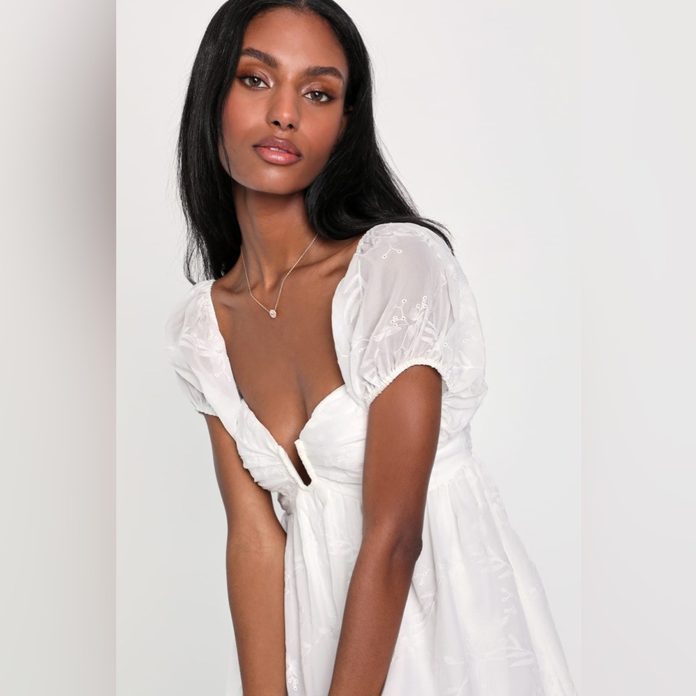 Lulus NWOT Cutest Icon White Embroidered Off-the-Shoulder Mini Dress - Picture 6 of 12